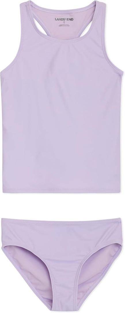 Lands' End Girls' UPF 50+ Swim Bikini Bottom and Racerback Tankini Set (Purple, XL)