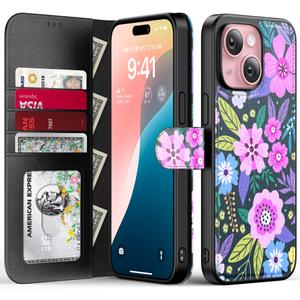 FUNMIKO for iPhone 15 Case Wallet,Detachable Flip Folio Leather Cover,RFID Blocking 4 Card Slots Holder,Magnetic Kickstand,Protective Phone Shell for Women Girls,Vibrant Flowers