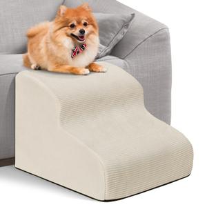 Dog Ramp Stairs 2 Steps for Small Dogs and Cats Light Beige, Pet Dog Ladder for Sofa Bed, Dogs Cats Ladder Non-Slip Foam with Removable and Washable Plush Cover, Send Lint Roller Set