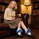 Women Ruffle Socks Lace Frilly Cotton Crew Socks Non-Slip Dress Socks Fold Cuff for Bride Pageant Sock For Women