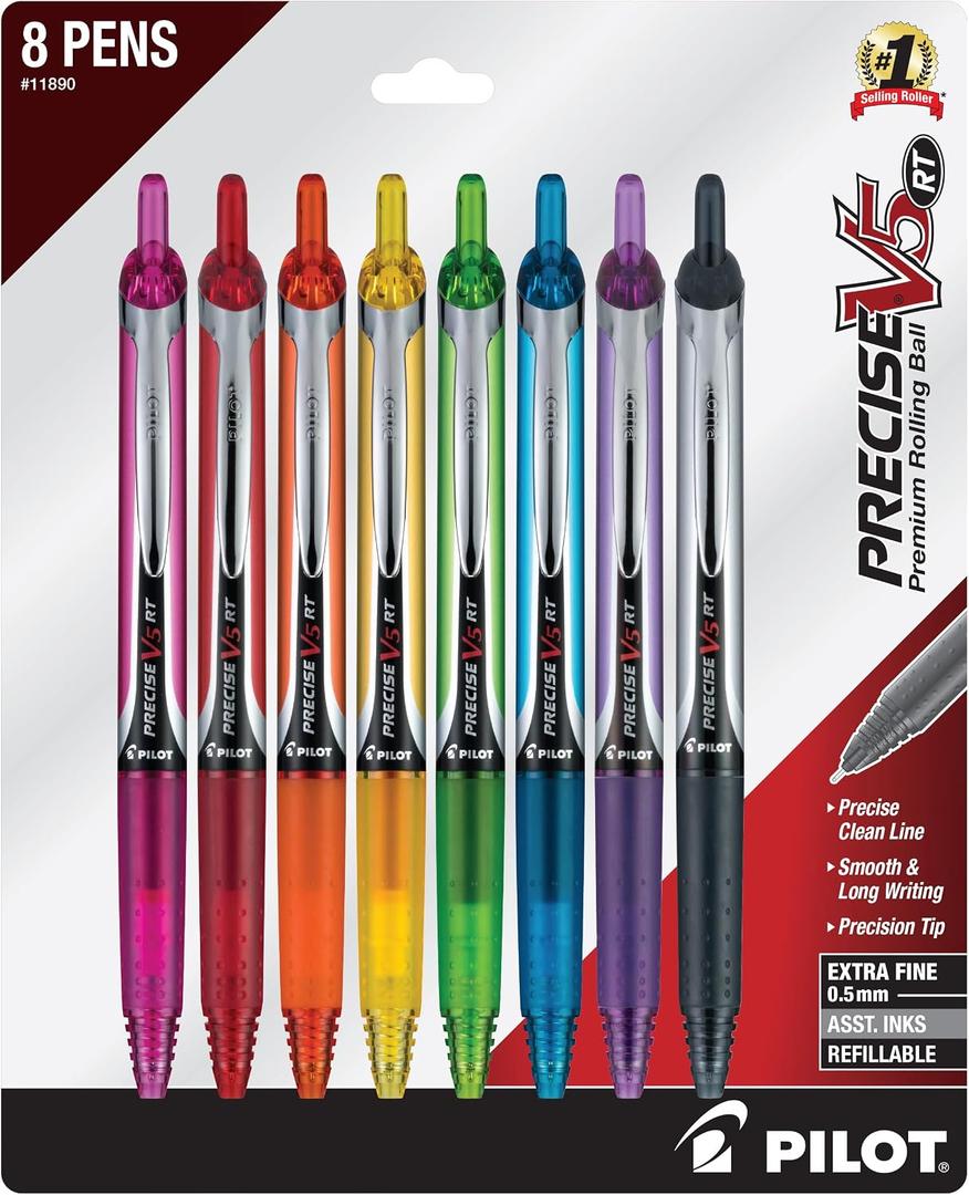 PILOT Precise V5 RT Extra-Fine Premium Retractable Rolling Ball Pens, 0.5mm, Assorted Colors, 8 Count (11890)