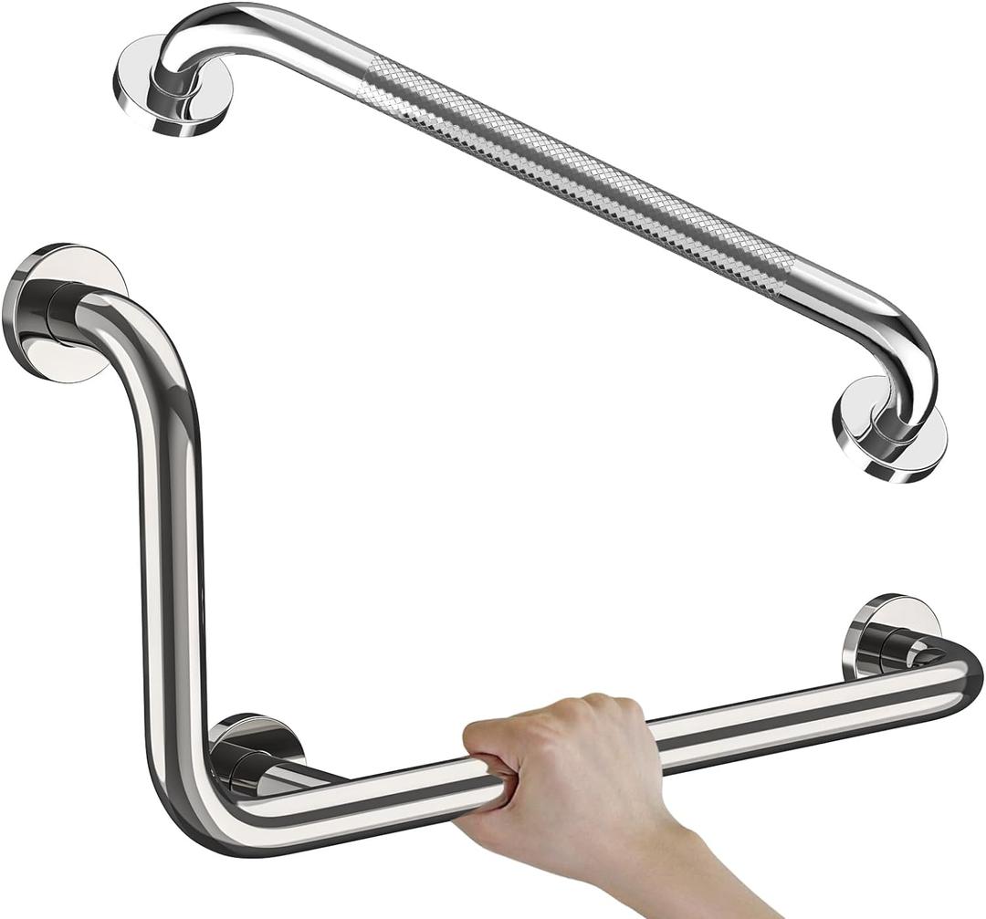 Polished Chrome L-Shaped Grab Bar 12x24 Inch + Knurled Shower Grab Rail 20 Inch, Zepolu Stainless Steel Toilet Safety Bar 90 Degree, Angled Balance Support Assist Bar, Bathroom Mobility Aid Handrail