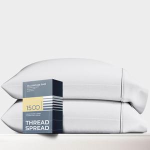 THREAD SPREAD 100% Egyptian Cotton Pillow Cases Standard/Queen Size Set of 2 - Luxury 1500 Thread Count Sateen White Pillow Cases, Silky Soft Cotton Pillowcases Fits Standard & Queen Size Pillows