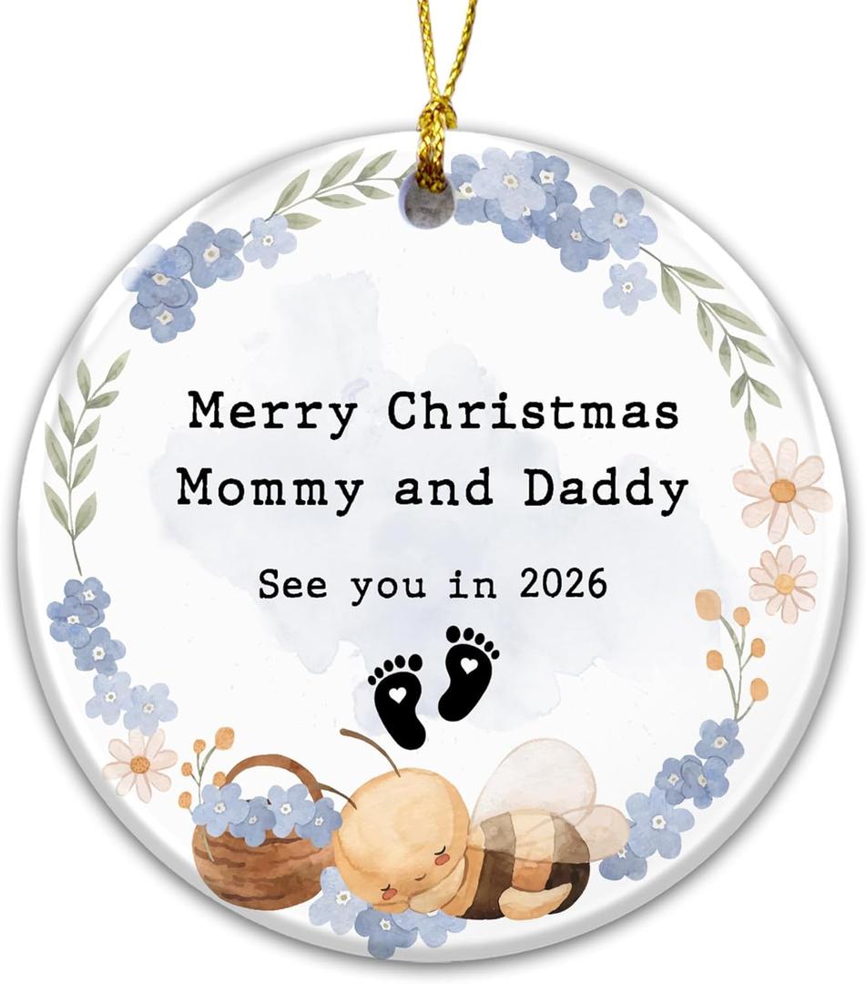 2 x New Parent Ornament, Mommy and Daddy Ornament  Pregnancy Announcement See You in 2026, Cute Bumblebee Baby Reveal Gift for Expecting Parents, Grandparents, or Godparents