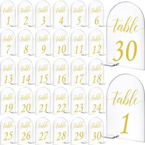 Vicenpal 30 Sets Arch Acrylic Sign Gold Printed 1-30 Table Signs with Stands Calligraphy Clear Table Number Display Stand for Wedding Reception Event Party Restaurant Centerpieces Decor (4 x 6 Inch)