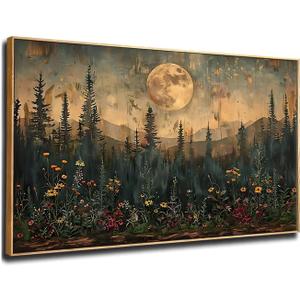 ILLBDR Moon Wall Art Vintage Wildflower Woodland Canvas Painting Print Framed Mountain Flowers Trees Picture Decor Dark Forest Landscape Rustic Farmhouse Living Room Bedroom Office 20"x40"