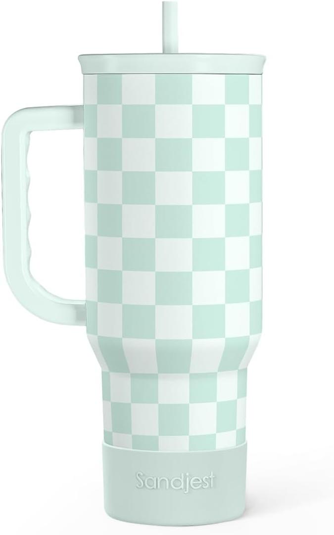 Checkered Tumbler with Handle 40oz, Mint Checker Cup Stainless Steel Insulated Tumblers Coffee Travel Mug Cups with Straw, Gifts for Women Girls Teen Birthday Christmas