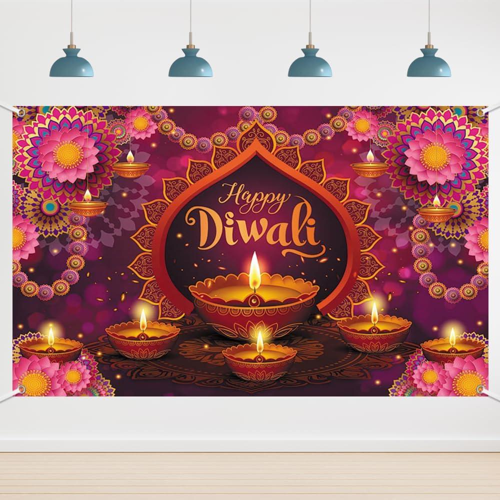 6x3.6ft Happy Diwali Backdrop Diwali Party Decorations Supplies Backdrop Rangoli Lantern Deepavali Indian Festival Party Banner Background Photo Studio Props