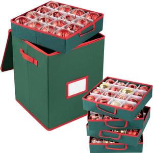 OIAHOMY Ornament Storage Box Holds 80 Christmas Ornaments, Christmas Ornament Storage Include Trays and Zippers, Ornament Organizer with Handle, Made of 600D Oxford Fabric - Green
