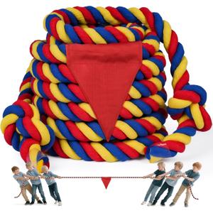 X XBEN Field Day Tug of War Rope for Kids and Adults, 35FT Jump Rope Family Reunion Birthday Party Games, Summer Outside Lawn Games, Perfect for Team Building Activities (Red&blue&yellow)