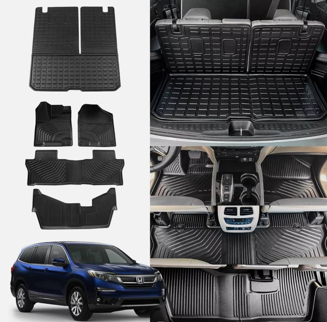 Floor Mats & Cargo Liner & Backrest Mat Fit for Honda Pilot 2016-2022 8 Passenger (No Elite Model) - All Weather Protection TPE Floor Liner with Back Seat Cover Trunk Mat Full Set Pilot Accessories