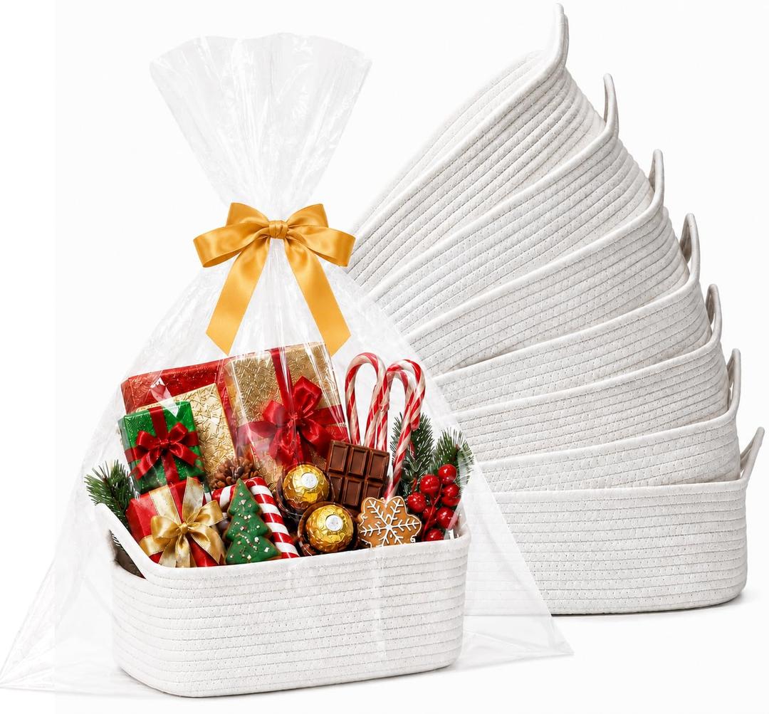 10 Pack White Woven Gift Baskets with Gift Bags and Ribbons, 12"x8"x5"
