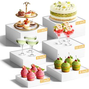 PPH-Sisy 6 Pcs Large Buffet Risers Display Stands Set 7" to 12"- Acrylic Food & Dessert Table Display Stand Shelf for Party, Catering, Jewelry, Collectibles, White Cube Storage Boxes