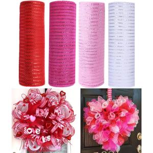 4 Rolls Deco Mesh Ribbon for Valentines Day Wreath Making Supplies, 10Inch x 30Ft Metallic Burlap Mesh White Pink Red Deco Mesh Rolls for Spring Wedding DIY Crafts Wreaths Swags Decorating