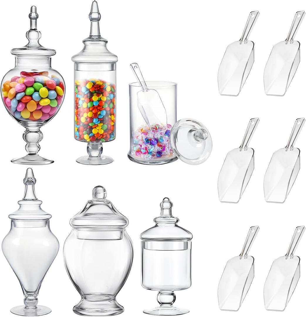 6 Sets Glass Apothecary Jars with Lids and Scoops 3 Styles Clear Candy Jars for Candy Buffets Candy Display Containers Bath Salt Container Cookie Crafts Bathroom Kitchen Storage (Simple)