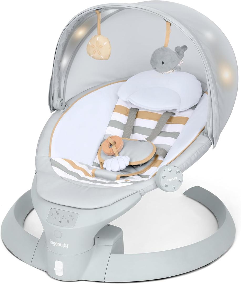 Ingenuity InLighten Baby Swing, 3-in-1 Bounce, Sway & Stationary Seat, Bluetooth Music, Light-Up Canopy, Remote Control, Vibrations, 5-Point Harness, Pebble Shore