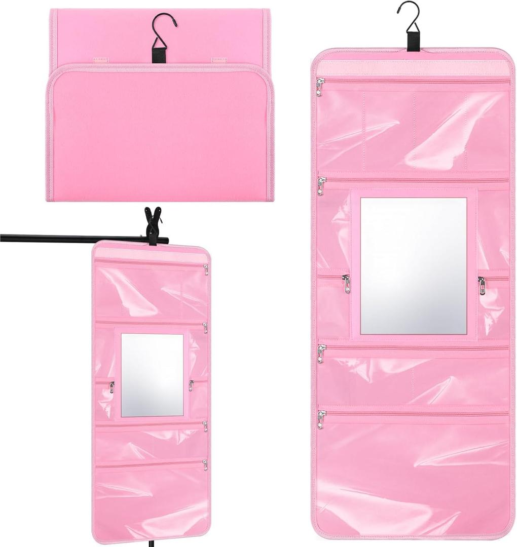Hanging Toiletry Bag with Mirror for Men Women Travel Kit Large Foldable Beauty Dance Makeup Bag Organizer Storage Waterproof Roll up Cosmetic Case Accessories for Bathroom Shower (Pink)