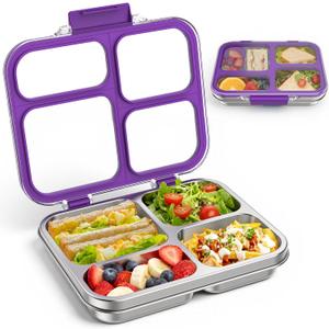 Stainless Steel Bento Box for Kids Adults with Silicone Container, Leak Proof 4 Compartments Metal Lunch Box, Removable Silicone Seal & Clear Lid Food Container for School Office, BPA-Free(Purple)