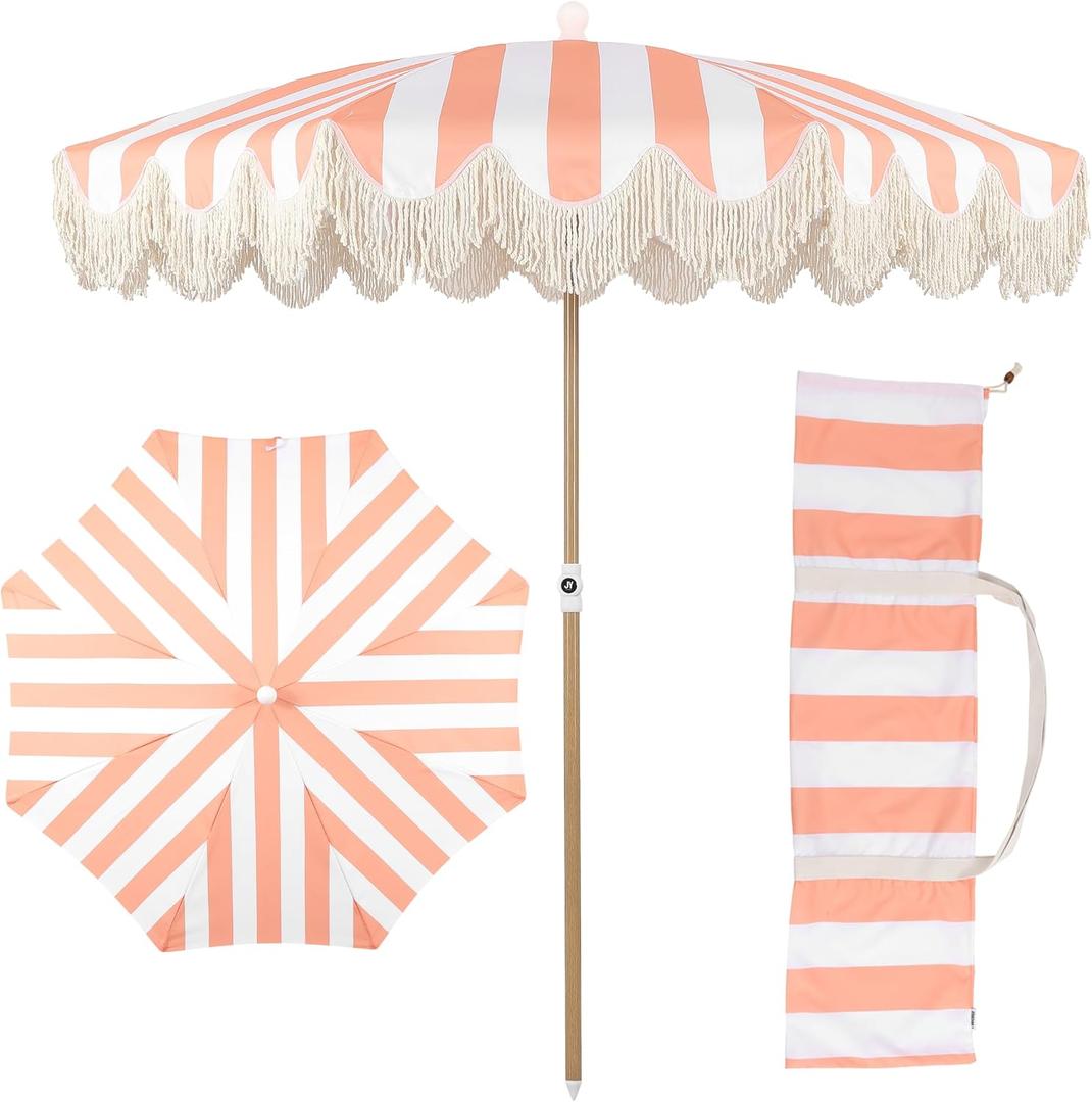 JONATHAN Y Mariner 6.5 ft. Striped Fringe Beach Umbrella, Coral Pink/White