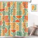 Boho Abstract Colorful Floral Shower Curtain, Vintage Retro Patchwork Orange Green Flower Botanical Geometric Aesthetic Groovy Bathroom Decor Shower Curtain Set with 12 Hooks, 70X70IN