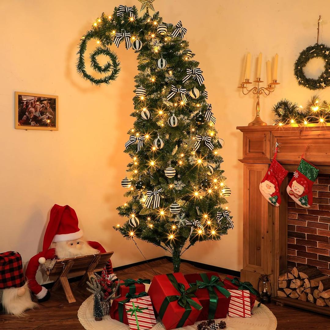 32Pcs 6 FT Christmas Tree with Light and Nightmare Ornament Ball Before Bendable Whimsical Christmas Tree with Black White Bow Ball 8 Modes String Light Crooked Bent Top for Home Decor (Green)