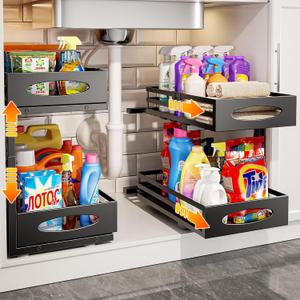 Under Sink Organizer, Pull Out Cabinet Organizers, Slide Sink Steel Shelf Cabinet Storage Shelves, Under Sink Storage for Kitchen Bathroom Cabinet (Black, 2 Pack)