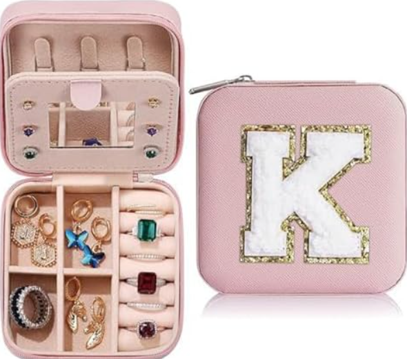 Imtos Travel Jewelry Case with Mirror, Mini Portable Jewelry Travel Organizer, Small Jewelry Box for Bridesmaid Gift, Travel Essential to Store Ring, Necklace, Earring. (K)
