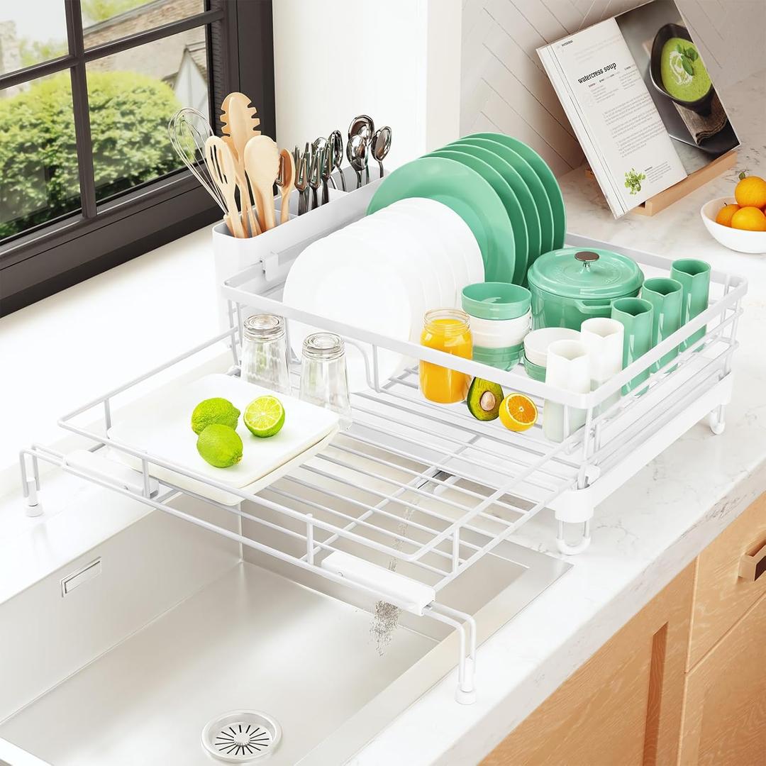 Kitsure Extendable Dish Drying Rack - Rust-Resistant Dish Racks for Kitchen Counter with Adjustable Support Legs, Cutlery Holder & Removable Draining Tray (White, 15.6''-25.2''L  16.9''W  8.1''H)