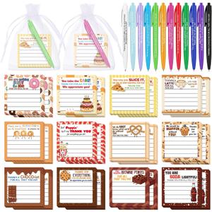 Kosiz 12 Set/36 Pcs Pun Funny Food Notepad and Pen Set Thank You Gifts for Coworker Staff Teachers Cute Funny Sticky Notes Appreciation Gifts for Colleagues Friend Birthday Holiday Office Party Favors