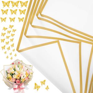 cridoz 20 Sheets Flower Bouquet Wrapping Paper with 12 Pieces Gold Butterfly Decorations for Flower Bouquets, Waterproof Floral Bouquet Wrapping Paper for Flower, Gift Wrapping(White)