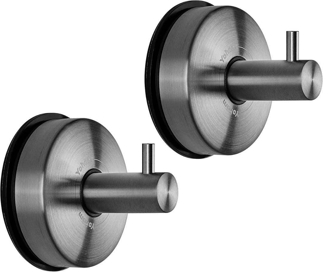 YOHOM Suction Cup Hooks - Black Stainless Steel Window and Shower Towel Hooks - Holds 2 Pcs (2 Black)