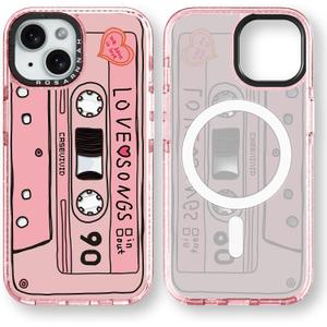 for iPhone 15 Case Cute - Compatible with Magsafe - Durable Shockproof 6.6 ft Drop Impact Phone Case - Funny Cassette Tape Design (6.1") Glitter Pink