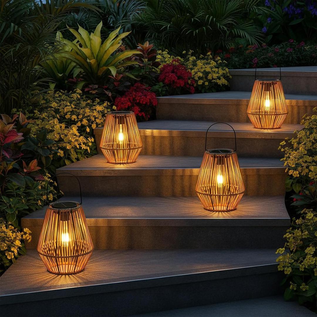 Homemory 4 Pack Rattan Lantern Solar Outdoor Waterproof Hanging Lights | Outside Solar Wicker Lamp Decor with Waterproof Lights for Gardens, Patios, Porches, Pathways, Christmas and Halloween
