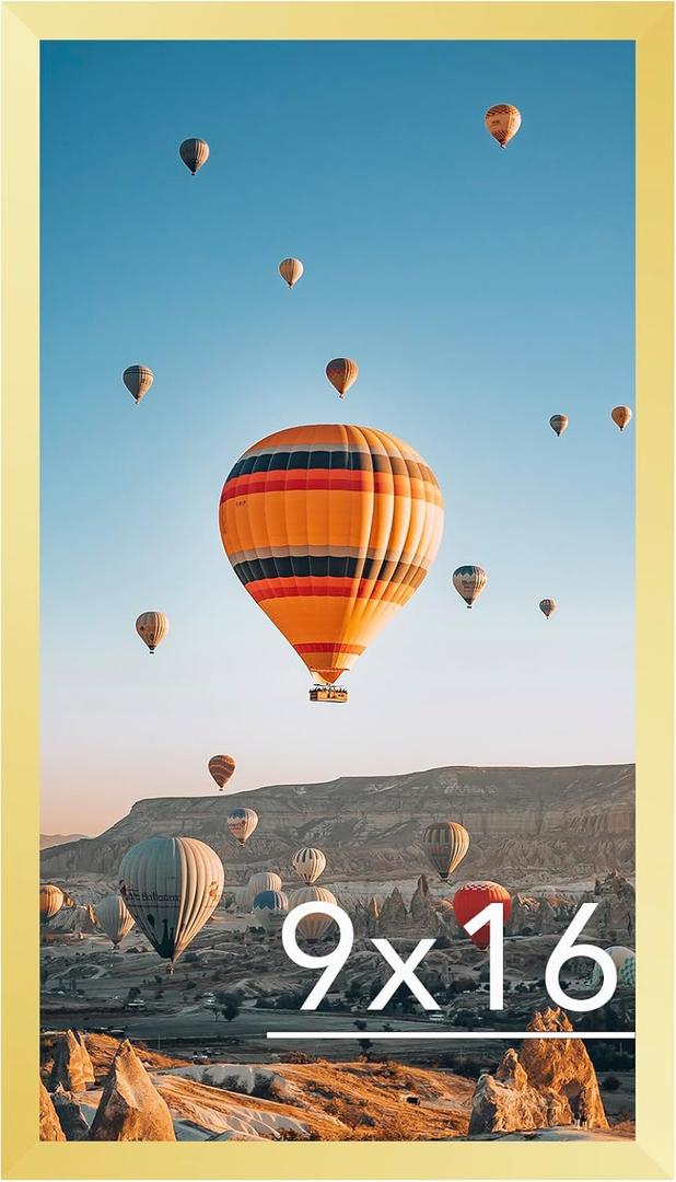 9x16 Picture Frame Gold for Wall Hanging, Wall Mounting Horizontally or Vertically, 9 x 16 Wall Gallery Poster Photo Frame with Shatter Resistant Plexiglass, Gold