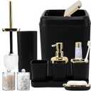 Black Bathroom Accessories Set, Black and Gold Bathroom Accessories with Trash Can, Tray, Soap Dispenser, Soap Dish, Toothbrush Holder, Toothbrush Cup,Toilet Brush and Qtip Holders