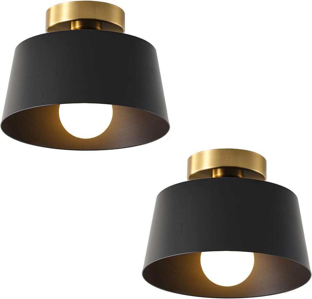 Ceiling Light Fixture, Hallway Ceiling Light with Gold Plate and Matte Black Shade, Modern Simple Style Porch Light Fixtures Semi Flush Mount (2 Pack Black)