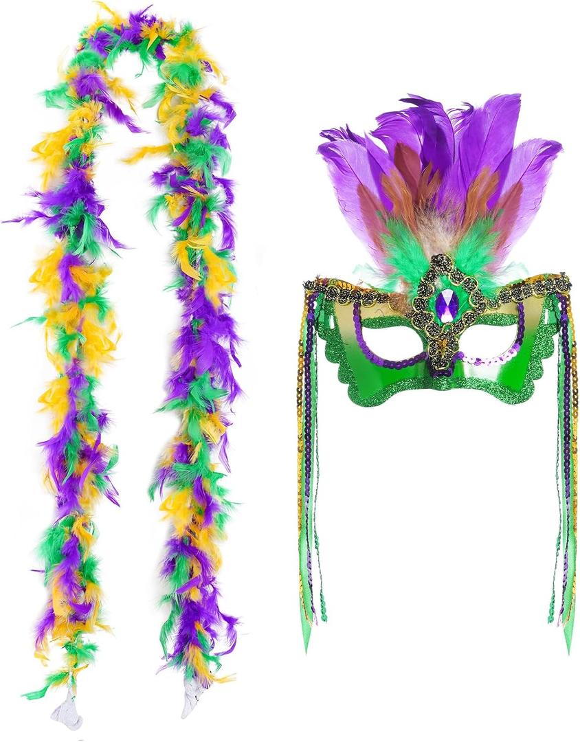 Sucrain Carnival Masquerade Mask and 71 Inch Mardi Gras Feather Boa for Women Costume Party Supplies