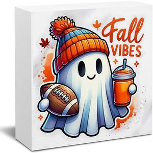 2 x Fall Sign Decor Decorations for Home Coffee Bar Hot Cocoa Sign Autumn Halloween Ghost Decor Decorations for Home Office Kitchen 5 X 5 Inch