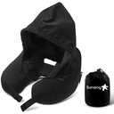 Sunany Neck Pillow for Travel Inflatable Airplane Pillow Comfortably Supports Head,Neck and Chin,Inflatable Travel Pillow with Soft Velour Cover,Portable Drawstring Bag (Black with Hat)