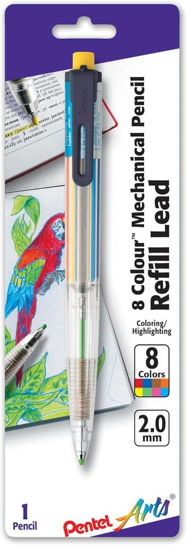 Pentel Arts 8 Colour Automatic Pencil, Assorted Accent Clip Colors, 1 Pack (PH158BP)