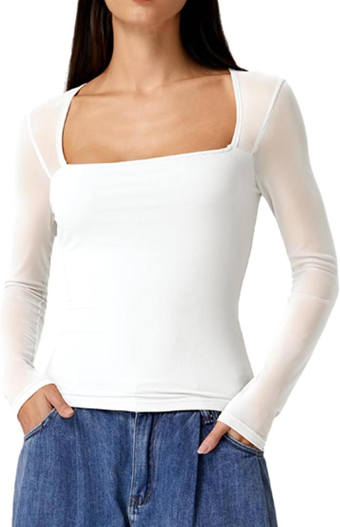 QINSEN Women's Square Neck Long Sleeve Mesh Top Sheer Sleek Fitted Blouse for Casual Night Out