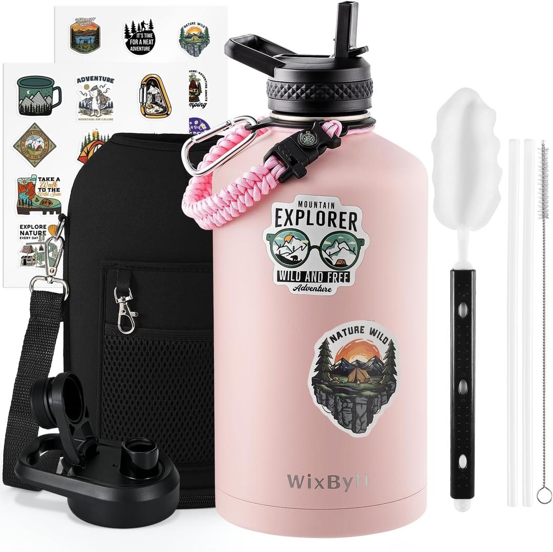 One Gallon Water Bottle Insulated, Triple Wall Vacuum Cold for 48 Hours & Leak-proof & Non-BPA, 128oz Large Sports Stainless Steel Water Jug with Paracord Handle Straw Spout Lids & DIY Stickers (Light Pink)