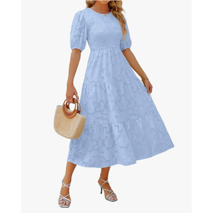 ZESICA Women's 2025 Summer Short Puff Sleeve Crewneck Smocked Floral Lace Flowy A Line Tiered Maxi Dresses, Size S