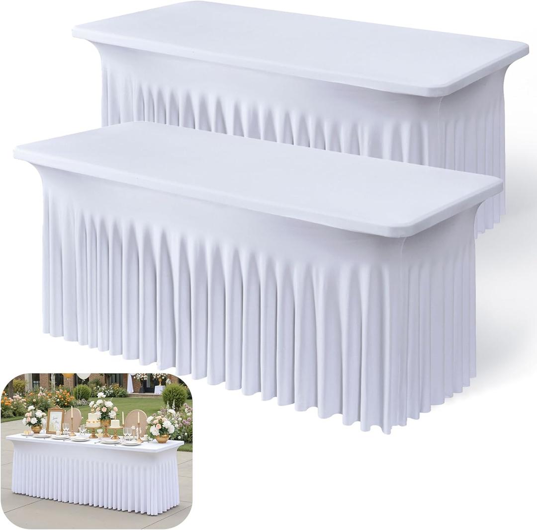 2pk White Spandex Tablecloths 6ft for Rectangle Tables, Wrinkle Free Classy Table Skirt Stretchy Fitted Table Cloths Covers 6 Foot for Weddings Birthday Party Events Banquette Baby Shower