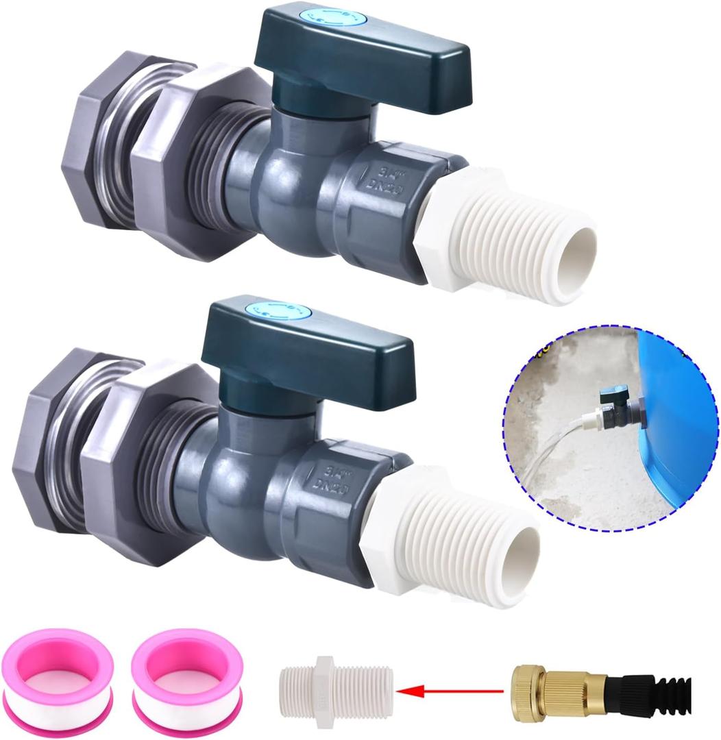 LUOFANT Rain Barrel Spigot Kit, 3/4 Inch PVC Rain Barrel Spigot with Bulkhead Fitting and Hose Faucet Adapter, Rain Barrel Diverter Kit for Water Tanks, Aquariums, Tubs, Pool, Garden Barrel, Pack of 2