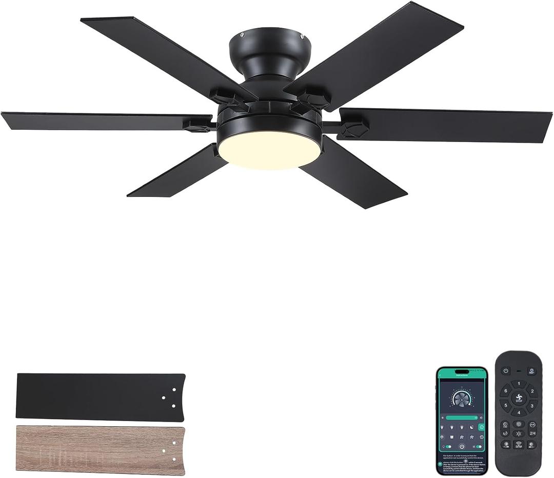 46" Low Profile Ceiling Fans with Lights and Remote,Black Indoor Ceiling Fans with Quiet Reversible DC Motor, Modern Flush Mount Ceiling Fans Light for Bedroom Kitchen