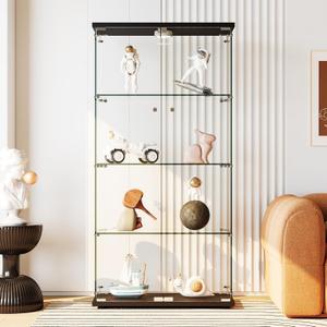 Garvee Glass Display Cabinet with LED Light, Tempered Glass Curio Collection Display Showcase with 4 Shelves and Lock, 2 Door Curio Cabinets for Living Room Bedroom Office, 64 x 31.7 x 14.3 in, Black