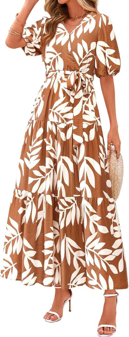 PRETTYGARDEN Women's Summer Maxi Dress 2025 Resort Wear Boho Floral V Neck Puff Short Sleeve Ruffle Flowy Beach Long Dresses (Khaki, Smal)