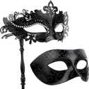 Hoshin Masquerade Mask for Couple, Mardi Gras Deecorations Venetian Masks with Stick for Womens (Black)