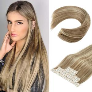 REECHO Clip in Hair Extensions, Hair Extensions Thick Long Lace Weft Lightweight Synthetic Hairpieces for Women (24 Inch-240 Gram(Pack of 5), Walnut Brown with Blonde Highlights)